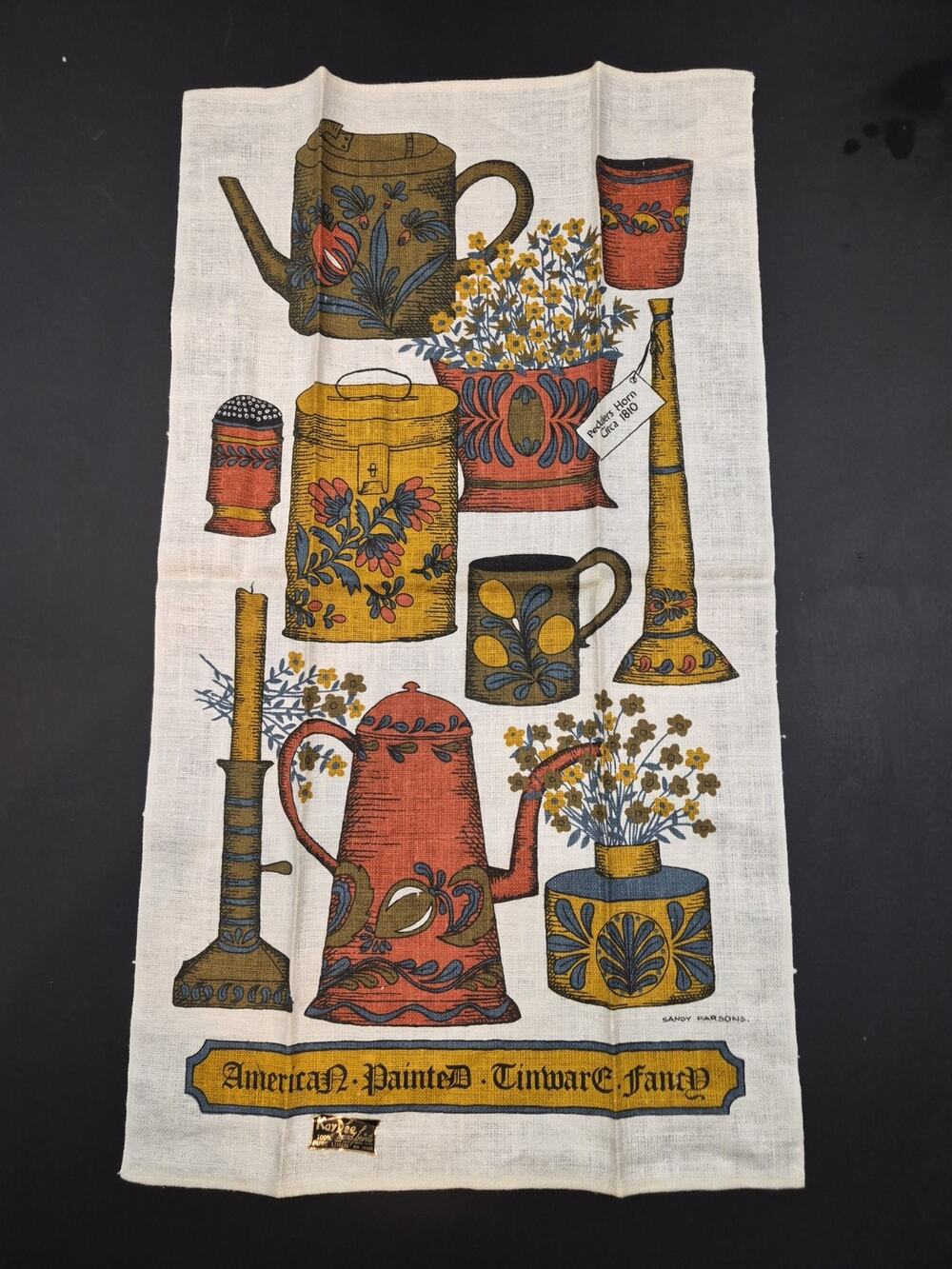 Vintage Painted Linen Tea Towel "Painted Pots" KD Linen